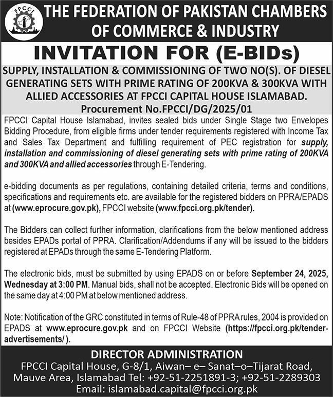 The Federation of Pakistan Cahmbers of Commerce & Industry Tender Notice